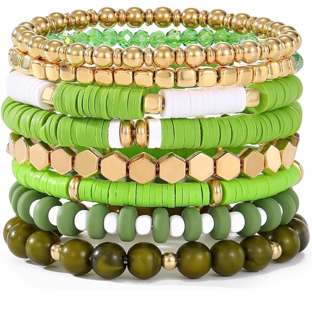 Vibrant Green and Gold Beaded Bracelet Set